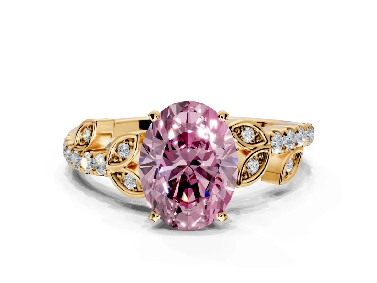 Leaf Motif Engagement Ring Setting for Fancy Pink Oval Center with Pave Band and Prong Head in Yellow Gold