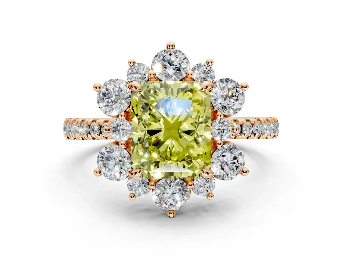 Floral Halo Engagement Ring Setting for Fancy Yellow Radiant Cut Center with Pave Accents and Prong Head in Rose Gold