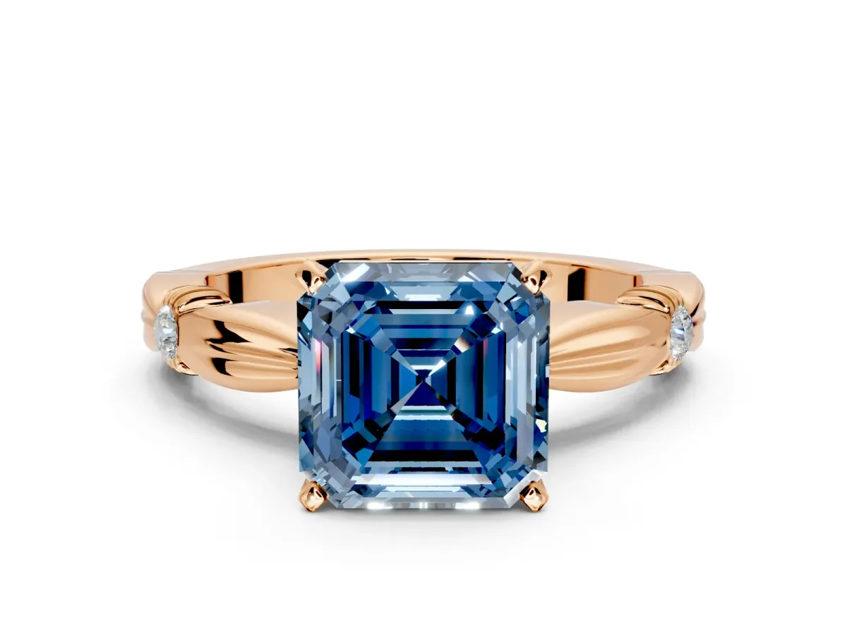 Solitaire Engagement Ring Setting for Fancy Blue Asscher Cut Center with Carved Leaf Shoulders and Prong Head in Rose Gold