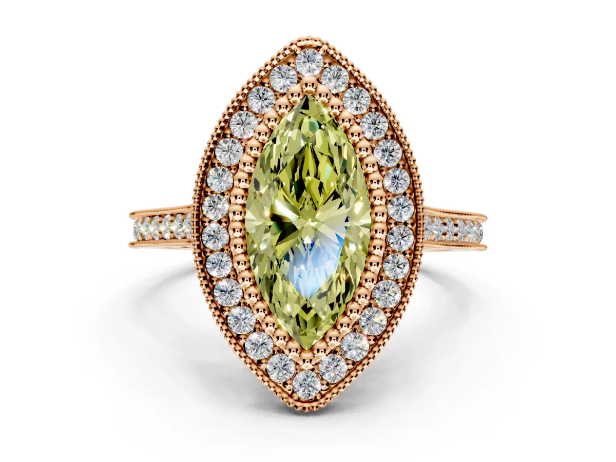 Halo Engagement Ring Setting for Fancy Yellow Marquise Center with Milgrain Frame, Pave Band and Prong Head in Rose Gold