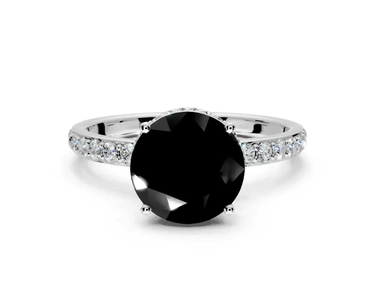 Hidden Halo Engagement Ring Setting for Fancy Black Round Cut Center with Pave Band and Prong Head in Platinum
