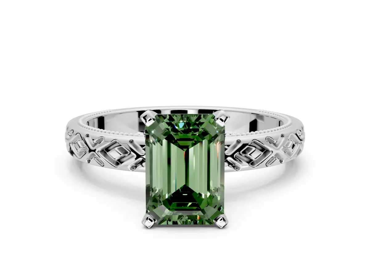 Solitaire Engagement Ring Setting for Fancy Green Emerald Cut Center with Milgrain X Pattern Band and Prong Head in Sterling Silver