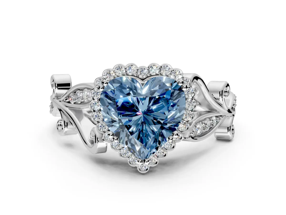 Halo Engagement Ring Setting for Fancy Blue Heart-Shaped Center with Leaf Motif Split Shank and Prong Head in Sterling Silver