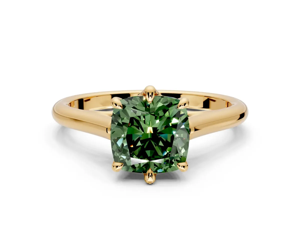 Solitaire Engagement Ring Setting for Fancy Green Cushion Cut Center with Cathedral Band and Prong Head in Yellow Gold