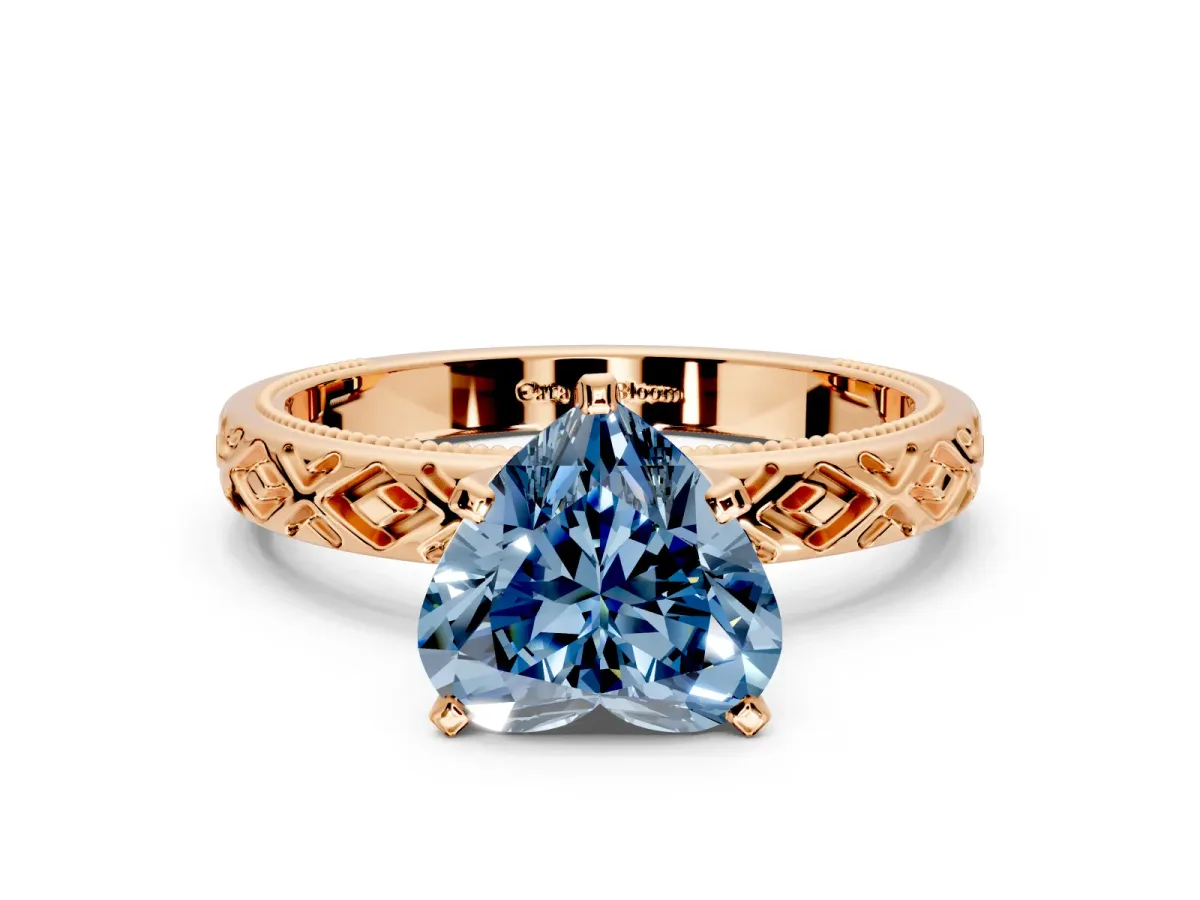Solitaire Engagement Ring Setting for Fancy Blue Heart-Shaped Center with Milgrain X Pattern Band and Prong Head in Rose Gold