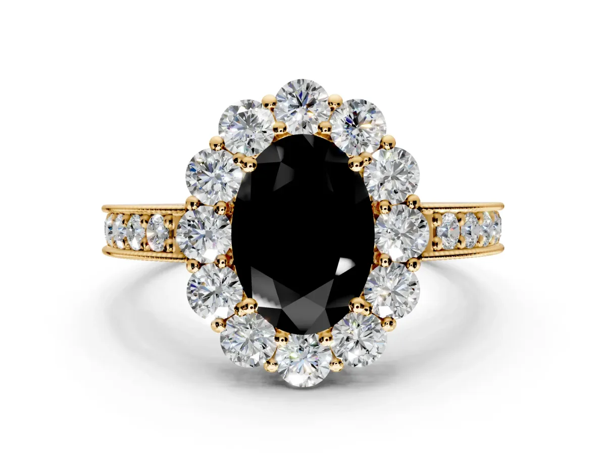 Halo Engagement Ring Setting for Fancy Black Oval Center with Milgrain Channel Band and Prong Head in Yellow Gold