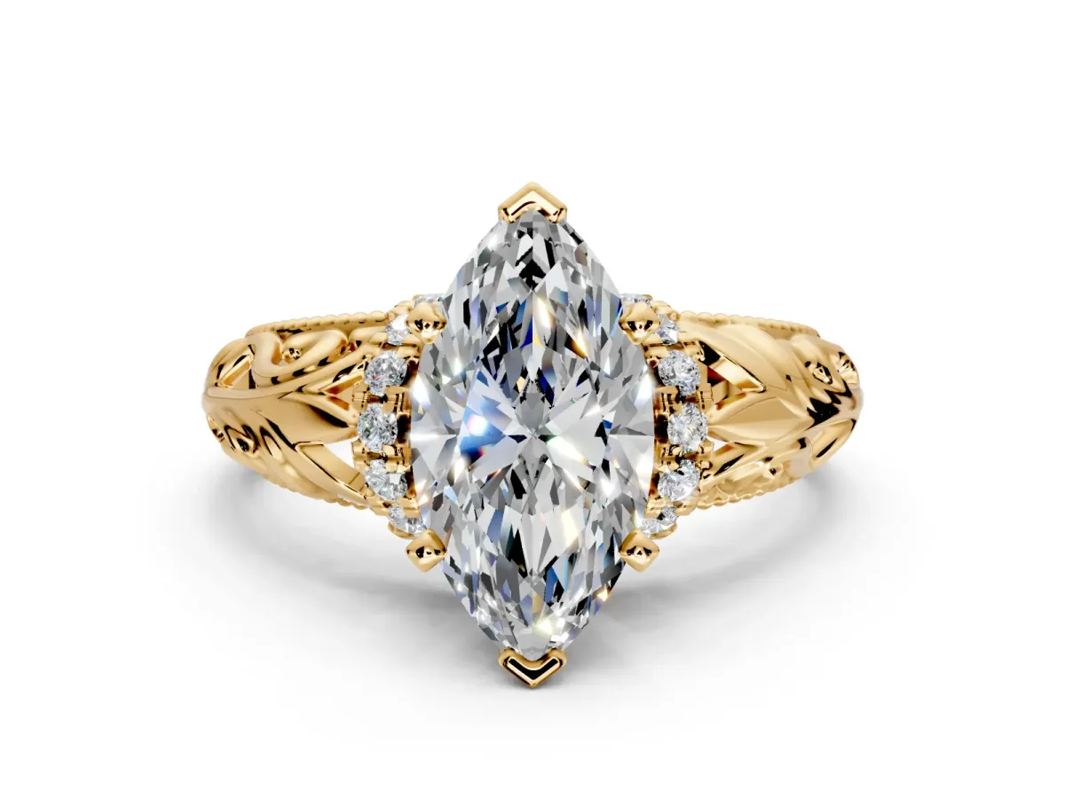 Solitaire Engagement Ring Setting for Marquise Center with Filigree Accent Basket and Prong Head in Yellow Gold