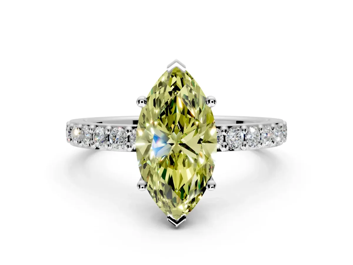 Solitaire Engagement Ring Setting for Fancy Yellow Marquise Center with Round Cut Pave Band and Prong Head in Sterling Silver