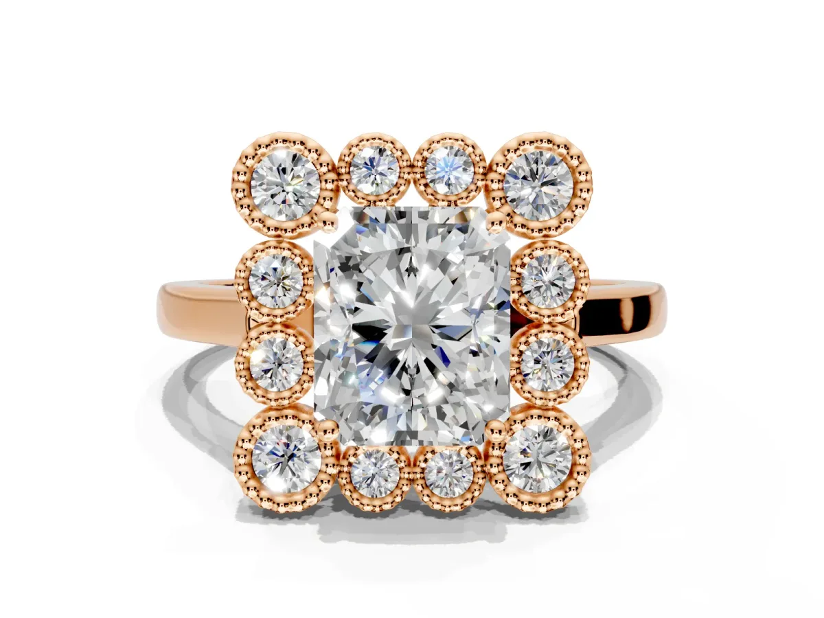 Cluster Halo Engagement Ring Setting for Radiant Cut Center with Milgrain Bezel Accents and Prong Head in Rose Gold