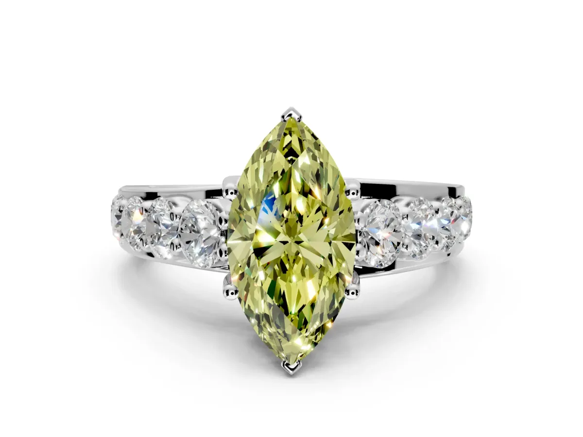 Solitaire Engagement Ring Setting for Fancy Yellow Marquise Center with Graduated Shared Prongs and Prong Head in Sterling Silver