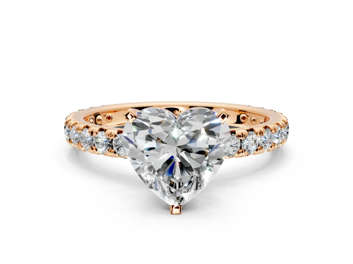 Solitaire Engagement Ring Setting for Heart-Shaped Center with Shared-Prong Accents and Prong Head in Rose Gold