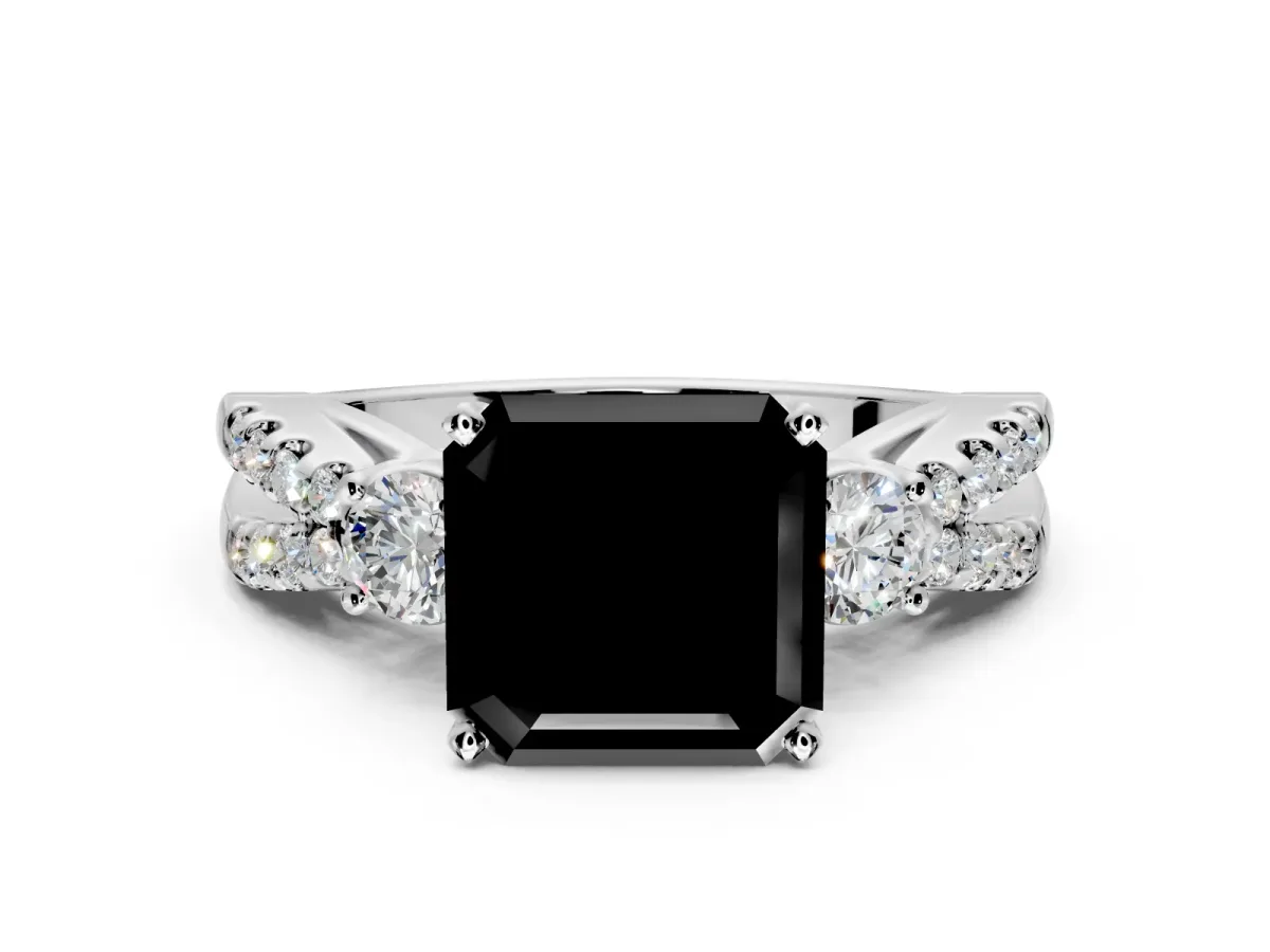 3 Stone Engagement Ring Setting for Fancy Black Asscher Cut Center with Pave Split Shank and Prong Head in Sterling Silver