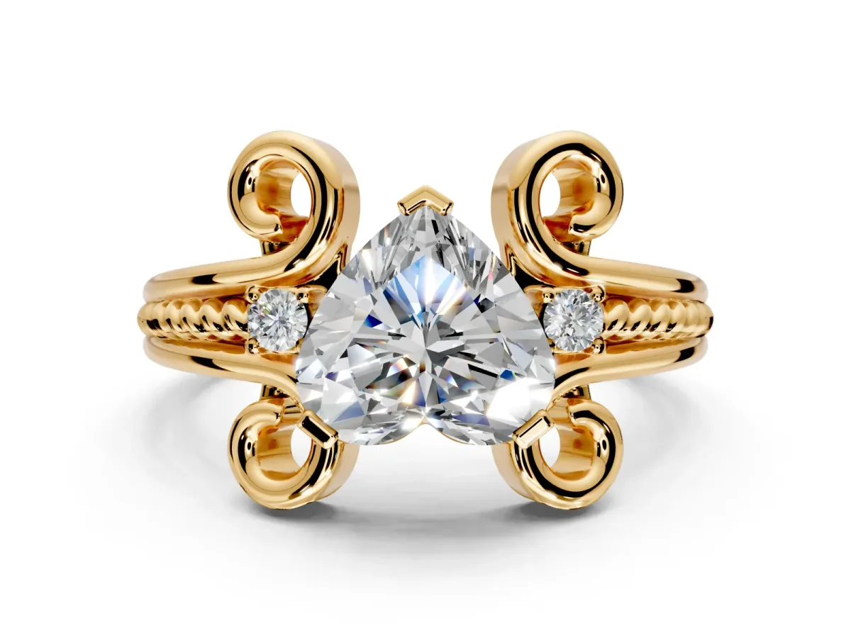 Solitaire Engagement Ring Setting for Heart-Shaped Center with Twisted Band and Scroll Prong Head in Yellow Gold