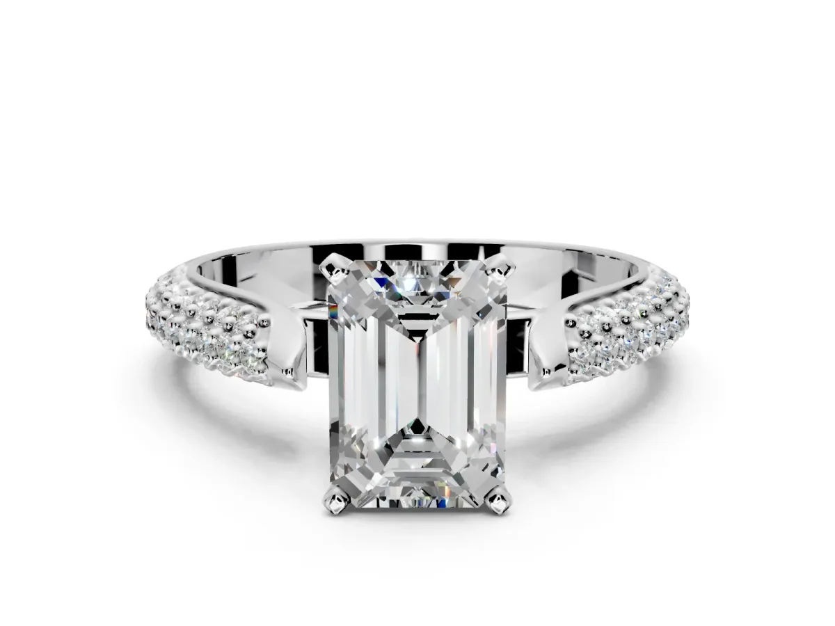 Solitaire Engagement Ring Setting for Emerald Cut Center with Multi-Row Accents and Prong Head in Sterling Silver