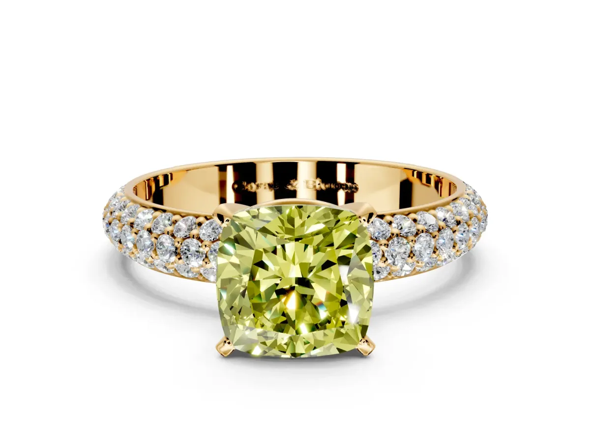 Solitaire Engagement Ring Setting for Fancy Yellow Cushion Cut Center with Domed Multi-Row Pave Band and Prong Head in Yellow Gold