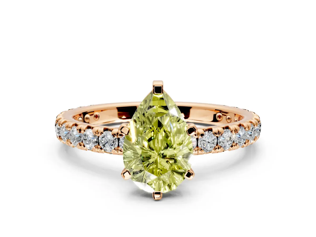 Solitaire Engagement Ring Setting for Fancy Yellow Pear-Shaped Center with Shared-Prong Accents and Prong Head in Rose Gold