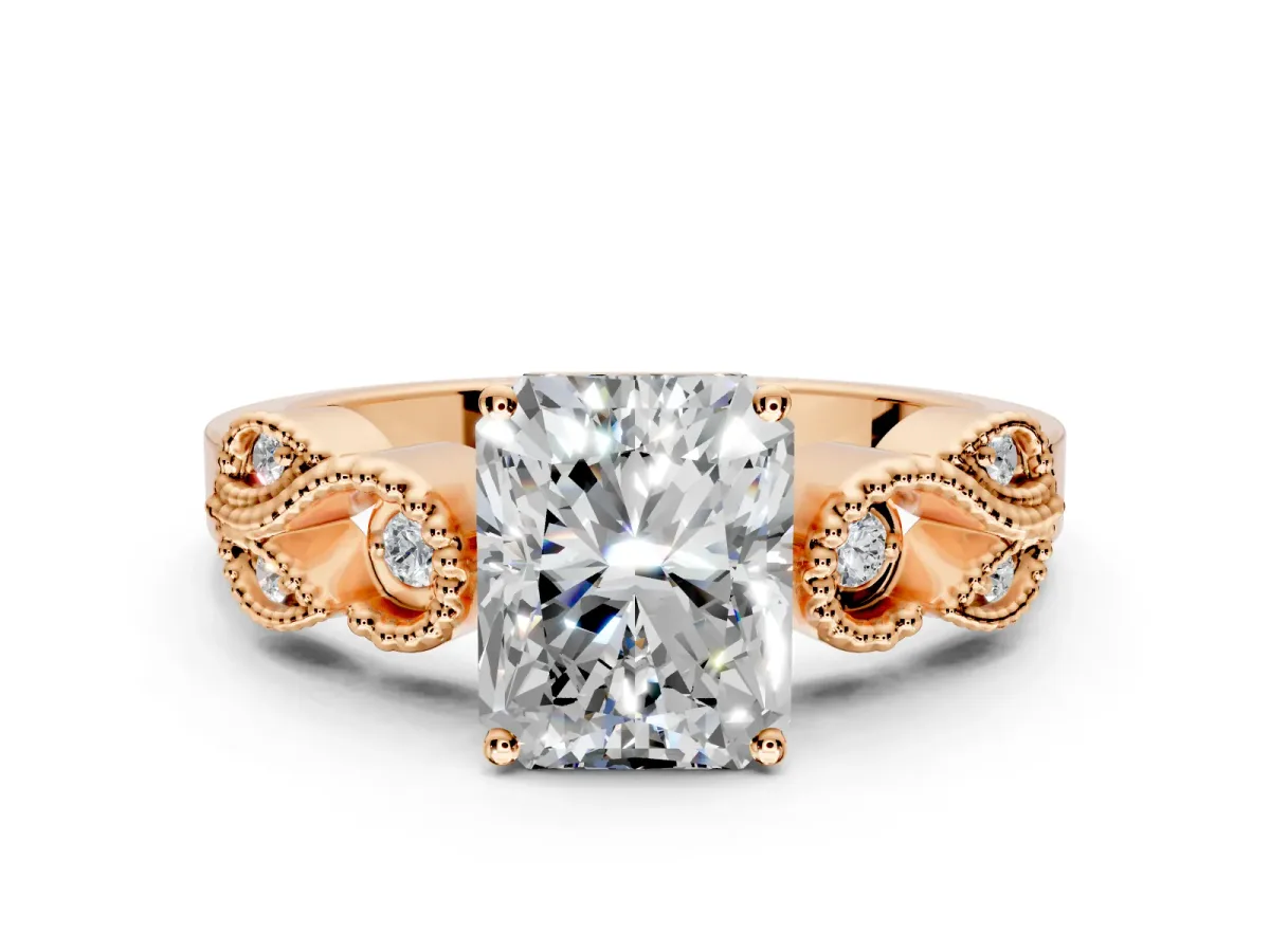 Leaf Engagement Ring Setting for Princess Cut Center with Milgrain Accent Band and Prong Head in Rose Gold