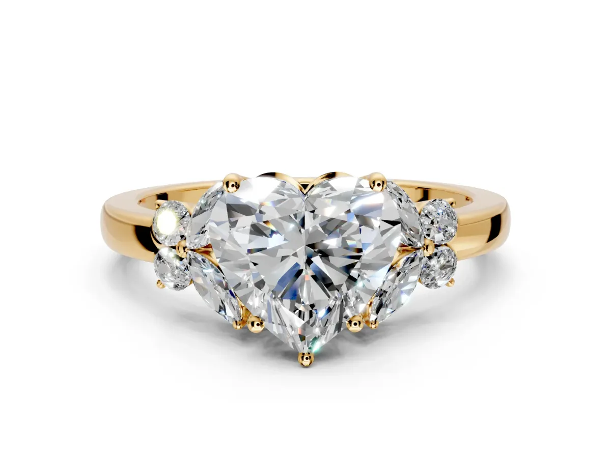 Solitaire Engagement Ring Setting for Heart-Shaped Center with Marquise Flower Shoulders and Prong Head in Yellow Gold