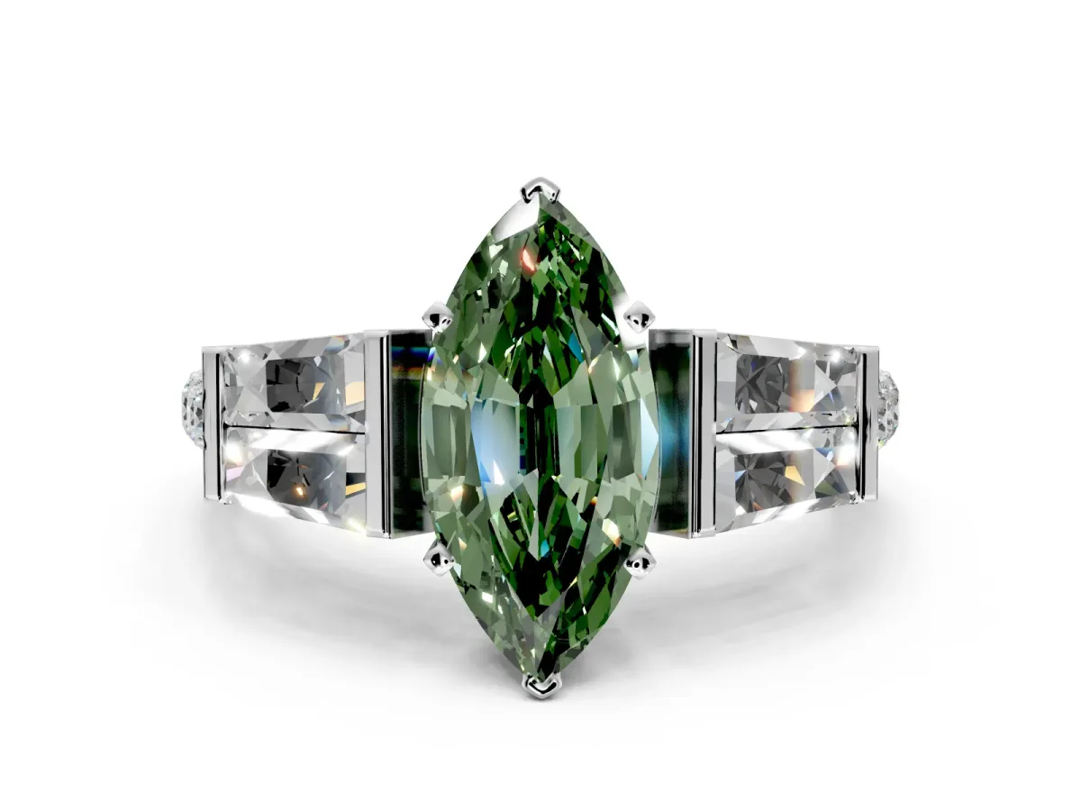 Channel-Set Engagement Ring Setting for Fancy Green Marquise Center with Baguette Band and Prong Head in Sterling Silver