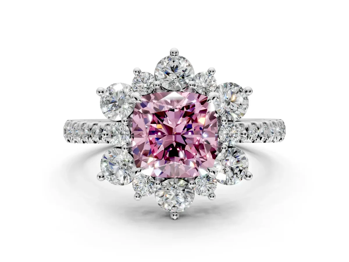 Floral Halo Engagement Ring Setting for Fancy Pink Cushion Cut Center with Pave Accents and Prong Head in Sterling Silver