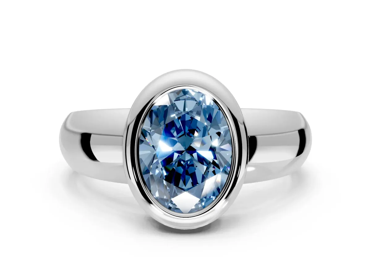 Solitaire Engagement Ring Setting for Fancy Blue Oval Center with Wide Band and Bezel Head in Sterling Silver