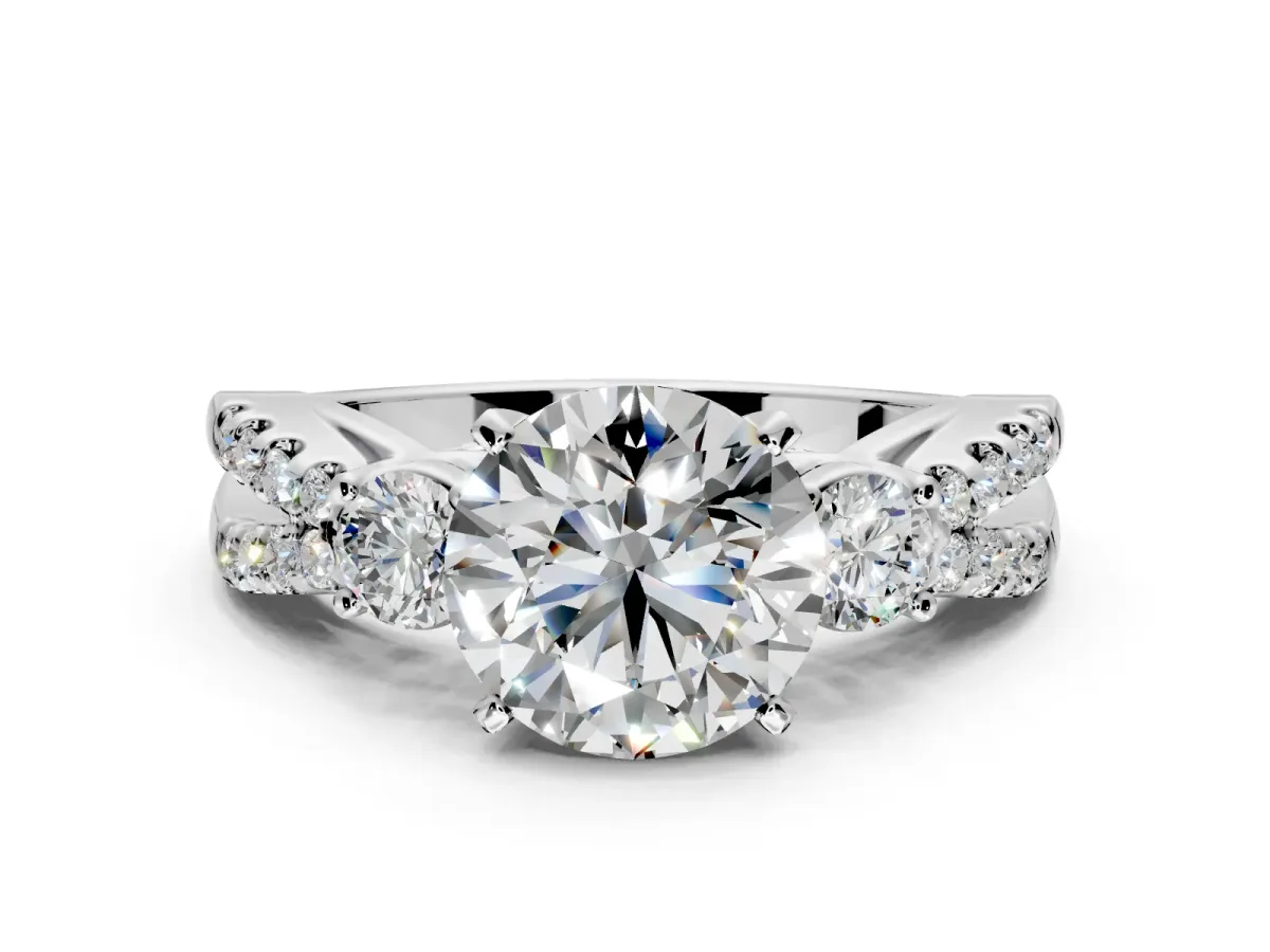 3 Stone Engagement Ring Setting for Round Cut Center with Pave Split Shank and Prong Head in White Gold