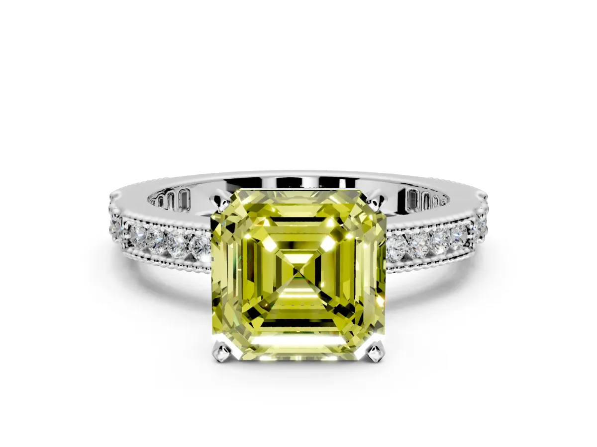 Solitaire Engagement Ring Setting for Fancy Yellow Asscher Cut Center with Milgrain-Edged Pave Band and Prong Head in White Gold
