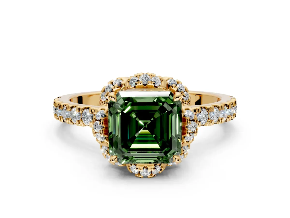 Halo Engagement Ring Setting for Fancy Green Asscher Cut Center with Openwork Halo, Pave Band and Prong Head in Yellow Gold