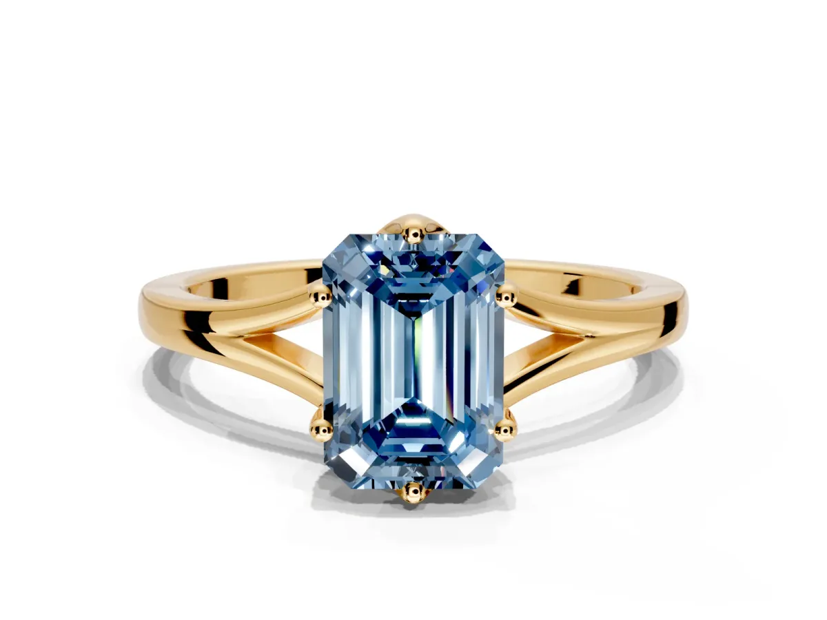 Solitaire Engagement Ring Setting for Fancy Blue Emerald Cut Center with Plain Split Shank and Prong Head in Yellow Gold
