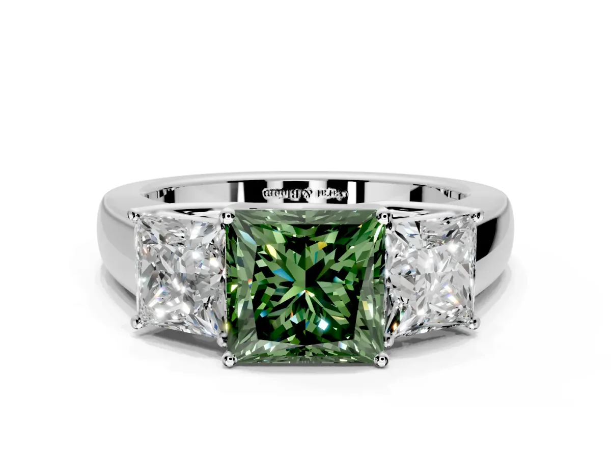 3 Stone Engagement Ring Setting for Fancy Green Princess Cut Center with Raised Basket Heads and Prong Head in Platinum
