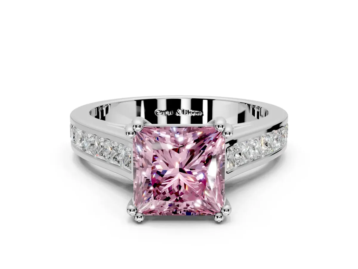 Solitaire Engagement Ring Setting for Fancy Pink Princess Cut Center with Channel Band and Double Claw Prong Head in Platinum