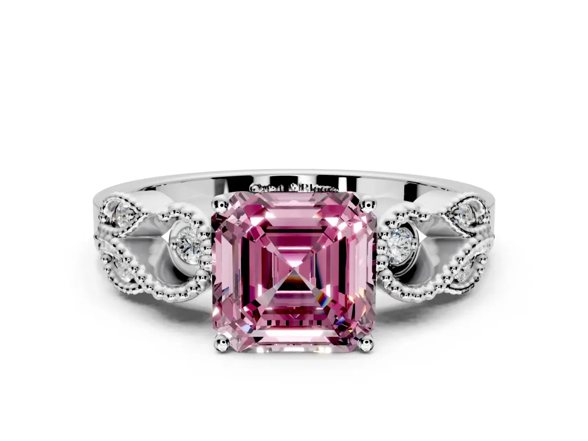 Leaf Engagement Ring Setting for Fancy Pink Asscher Cut Center with Milgrain Accent Band and Prong Head in Platinum