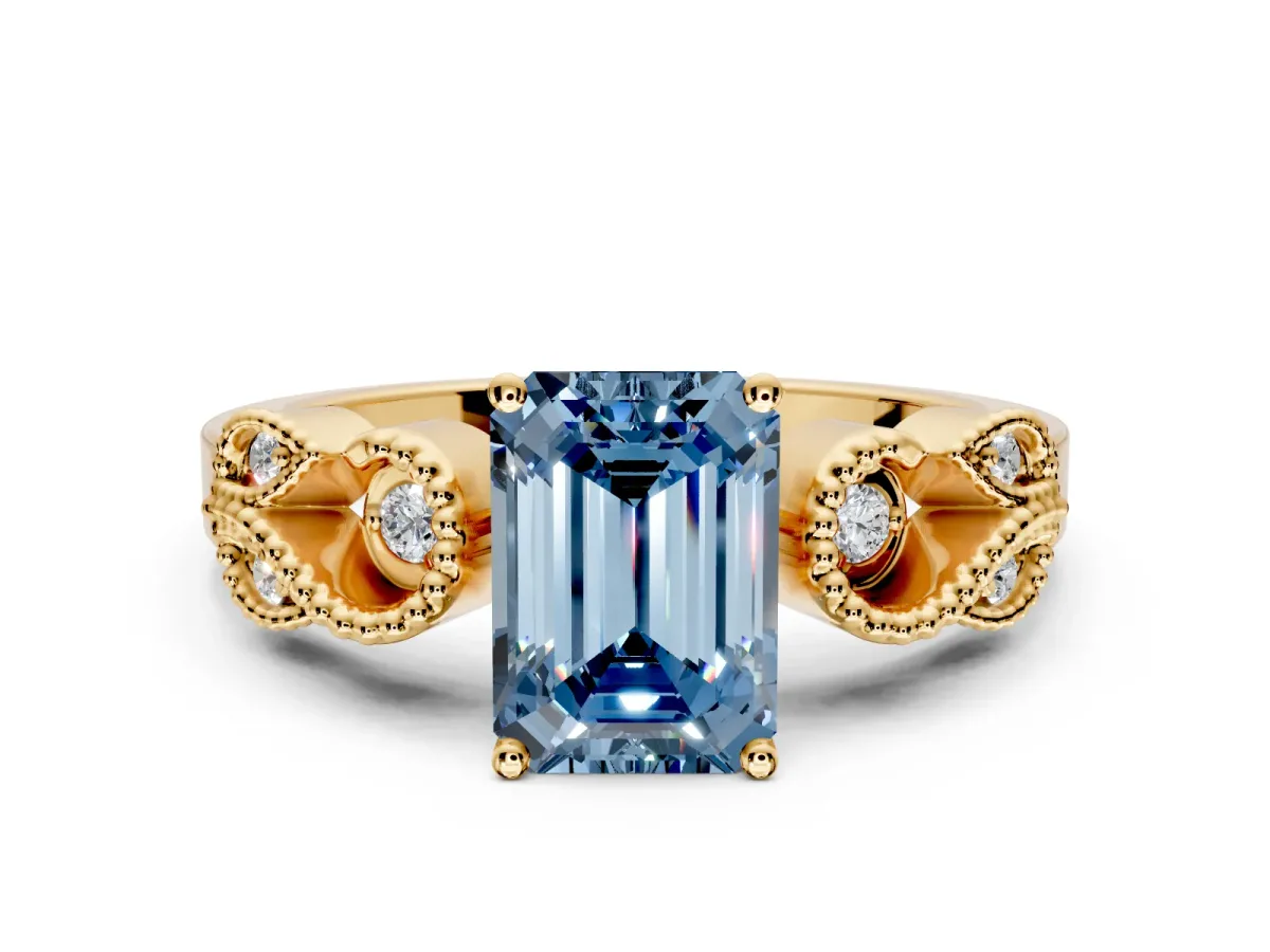 Leaf Engagement Ring Setting for Fancy Blue Emerald Cut Center with Milgrain Accent Band and Prong Head in Yellow Gold