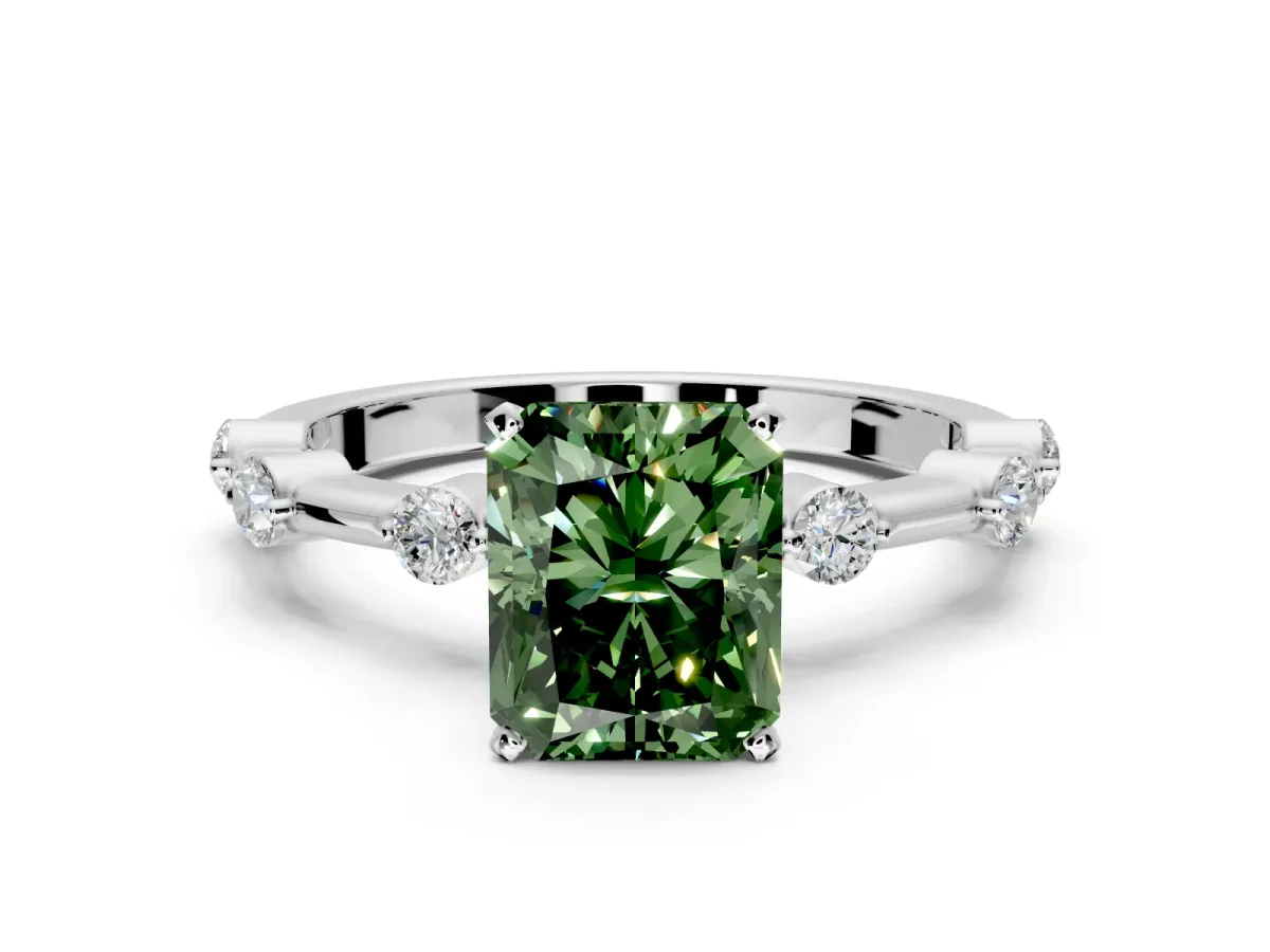 Solitaire Engagement Ring Setting for Fancy Green Radiant Cut Center with Bezel Station Band and Prong Head in White Gold