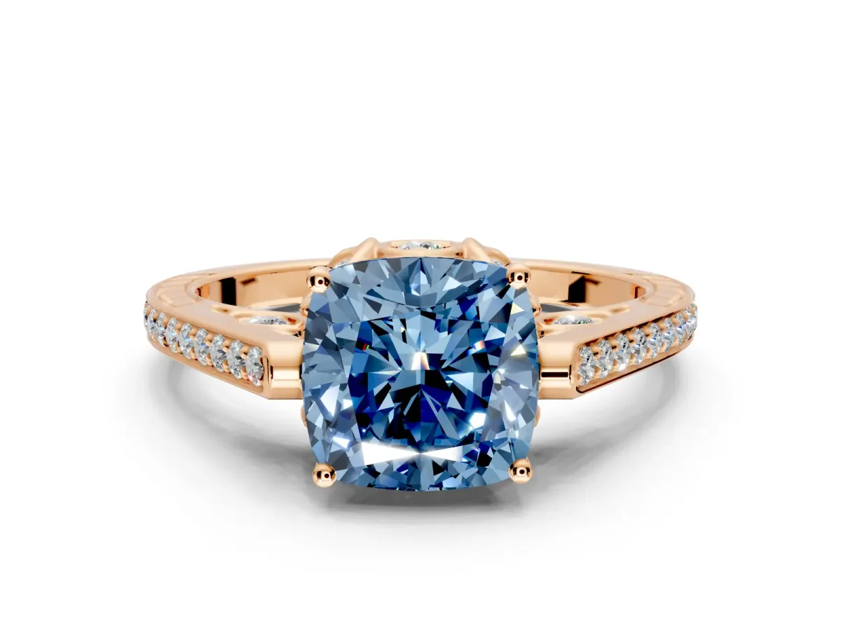 Cathedral Engagement Ring Setting for Fancy Blue Cushion Cut Center with Antique-Style Pave Band and Prong Head in Rose Gold