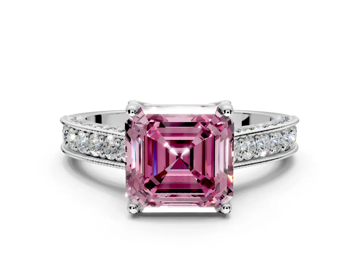 Solitaire Engagement Ring Setting for Fancy Pink Asscher Cut Center with Milgrain-Framed Pave Band and Prong Head in Platinum