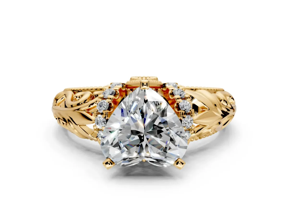 Solitaire Engagement Ring Setting for Heart-Shaped Center with Filigree Accent Basket and Prong Head in Yellow Gold