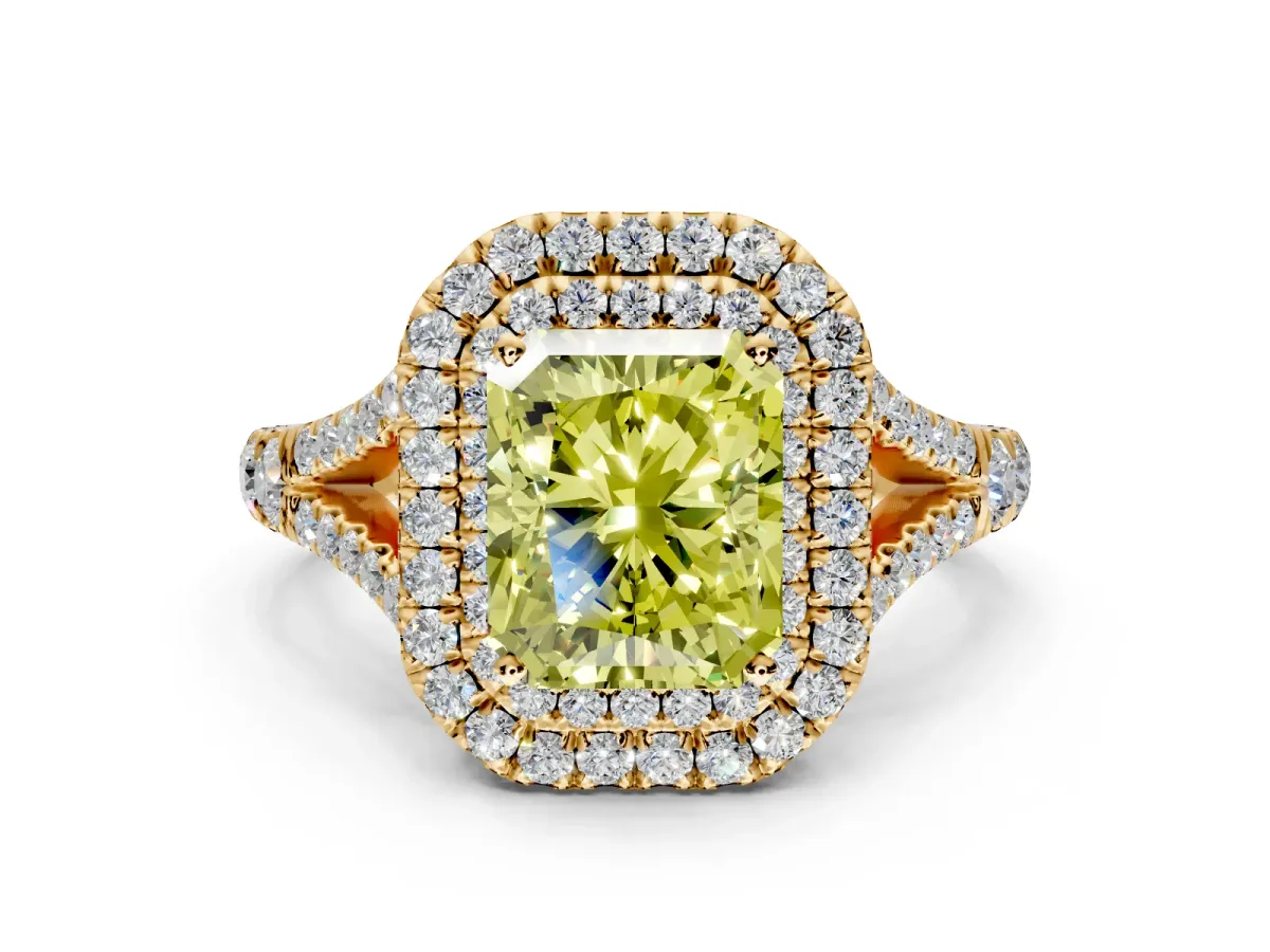 Double Halo Engagement Ring Setting for Fancy Yellow Radiant Cut Center with Narrow Pave Split Shank and Prong Head in Yellow Gold