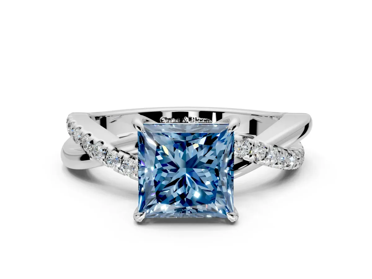 Crossover Engagement Ring Setting for Fancy Blue Princess Cut Center with Pave and Plain Strands and Prong Head in Sterling Silver
