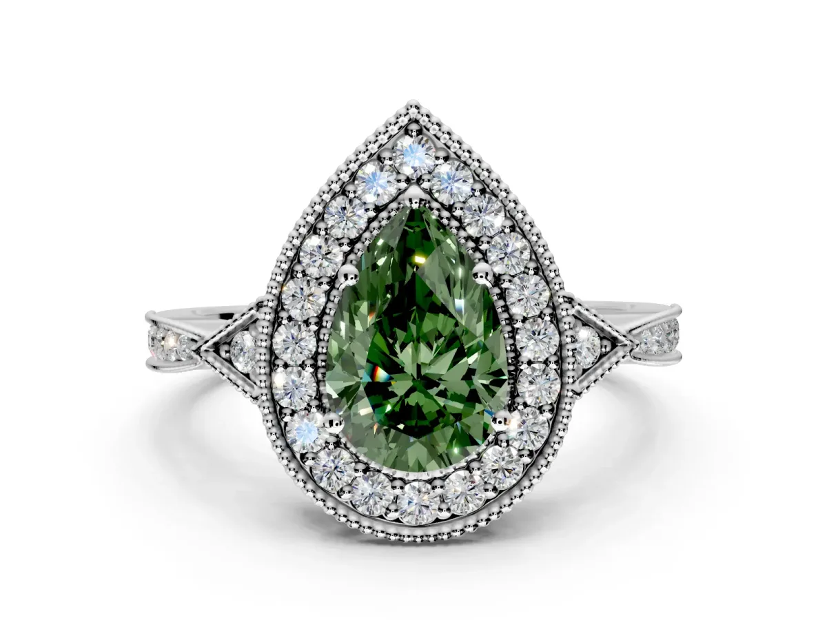 Halo Engagement Ring Setting for Fancy Green Pear-Shaped Center with Milgrain Rim, Pave Band and Prong Head in White Gold