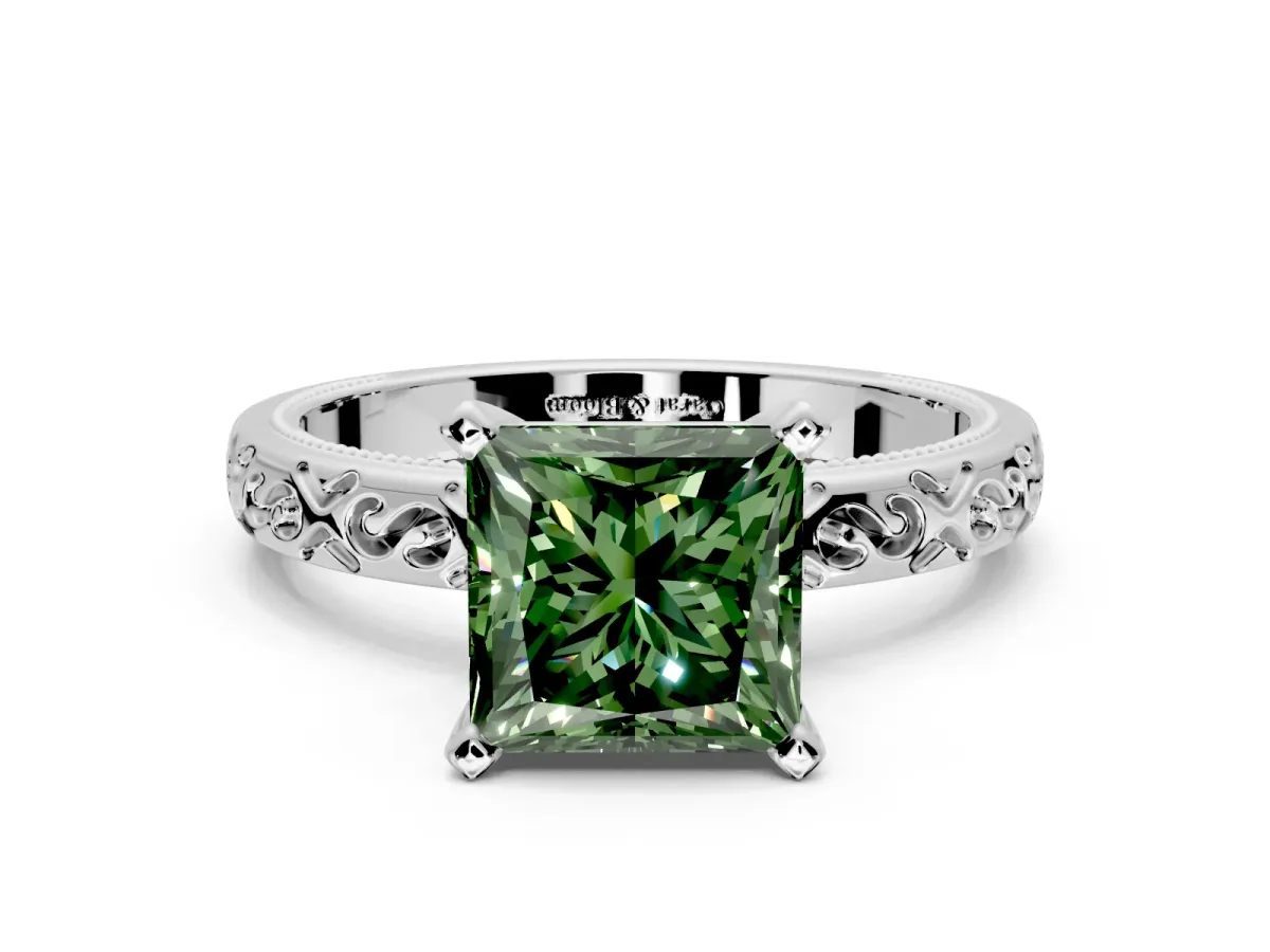 Solitaire Engagement Ring Setting for Fancy Green Princess Cut Center with Scrollwork Band and Prong Head in Sterling Silver