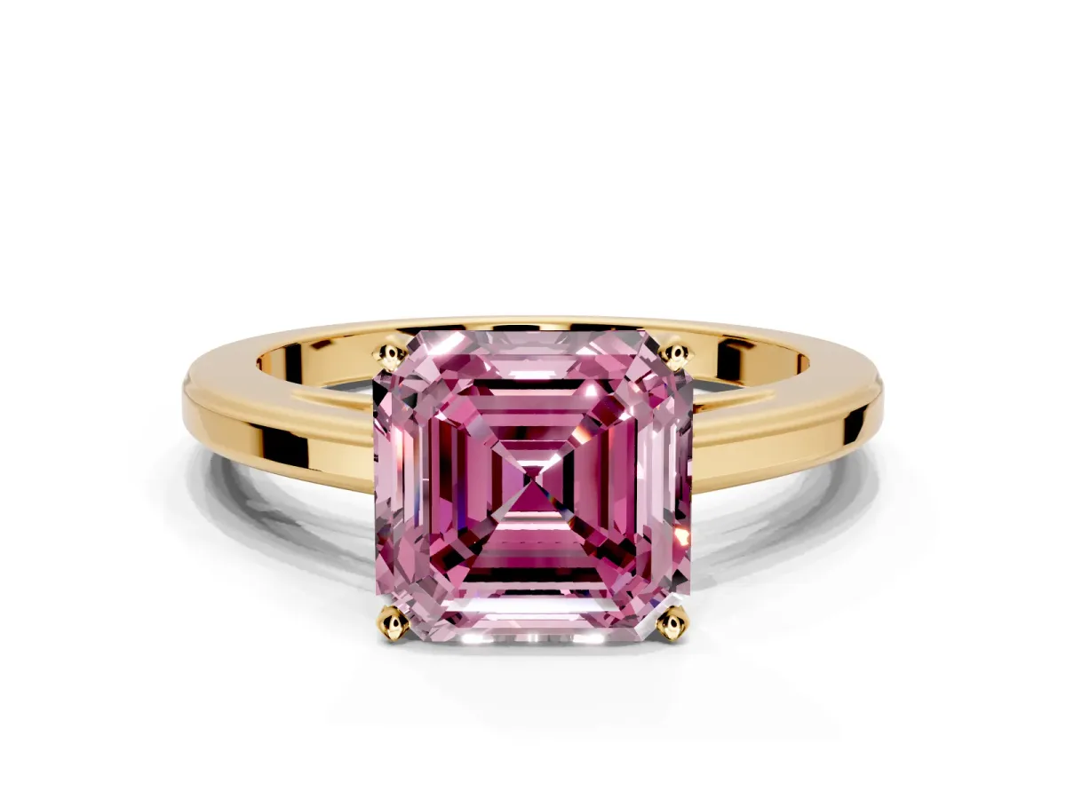 Solitaire Engagement Ring Setting for Fancy Pink Asscher Cut Center with Flat-Sided Plain Band and Prong Head in Yellow Gold