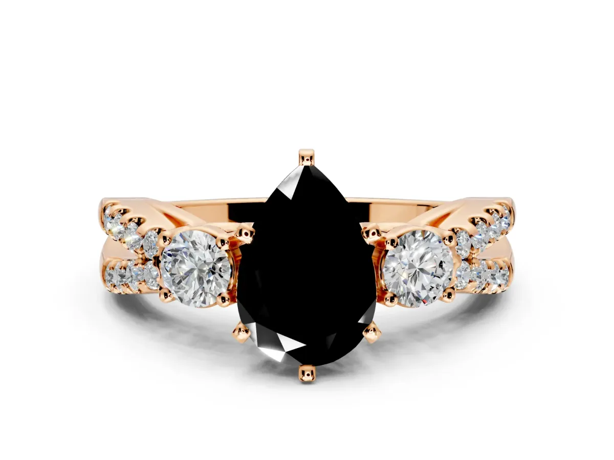 3 Stone Engagement Ring Setting for Fancy Black Pear-Shaped Center with Pave Split Shank and Prong Head in Rose Gold