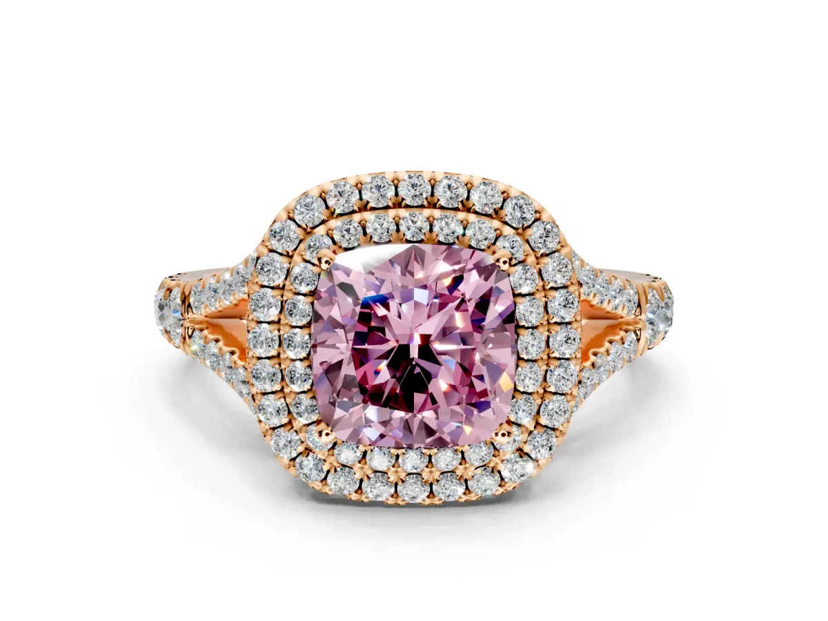 Double Halo Engagement Ring Setting for Fancy Pink Cushion Cut Center with Narrow Pave Split Shank and Prong Head in Rose Gold