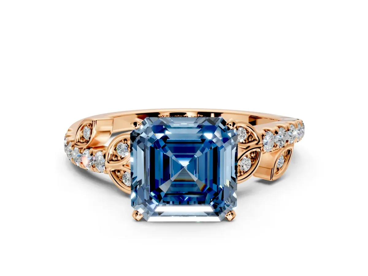 Leaf Motif Engagement Ring Setting for Fancy Blue Asscher Cut Center with Pave Band and Prong Head in Rose Gold