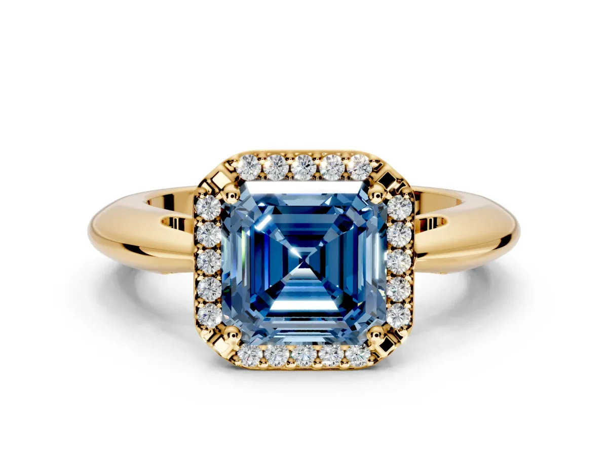 Halo Engagement Ring Setting for Fancy Blue Asscher Cut Center with Tapered Plain Band and Prong Head in Yellow Gold