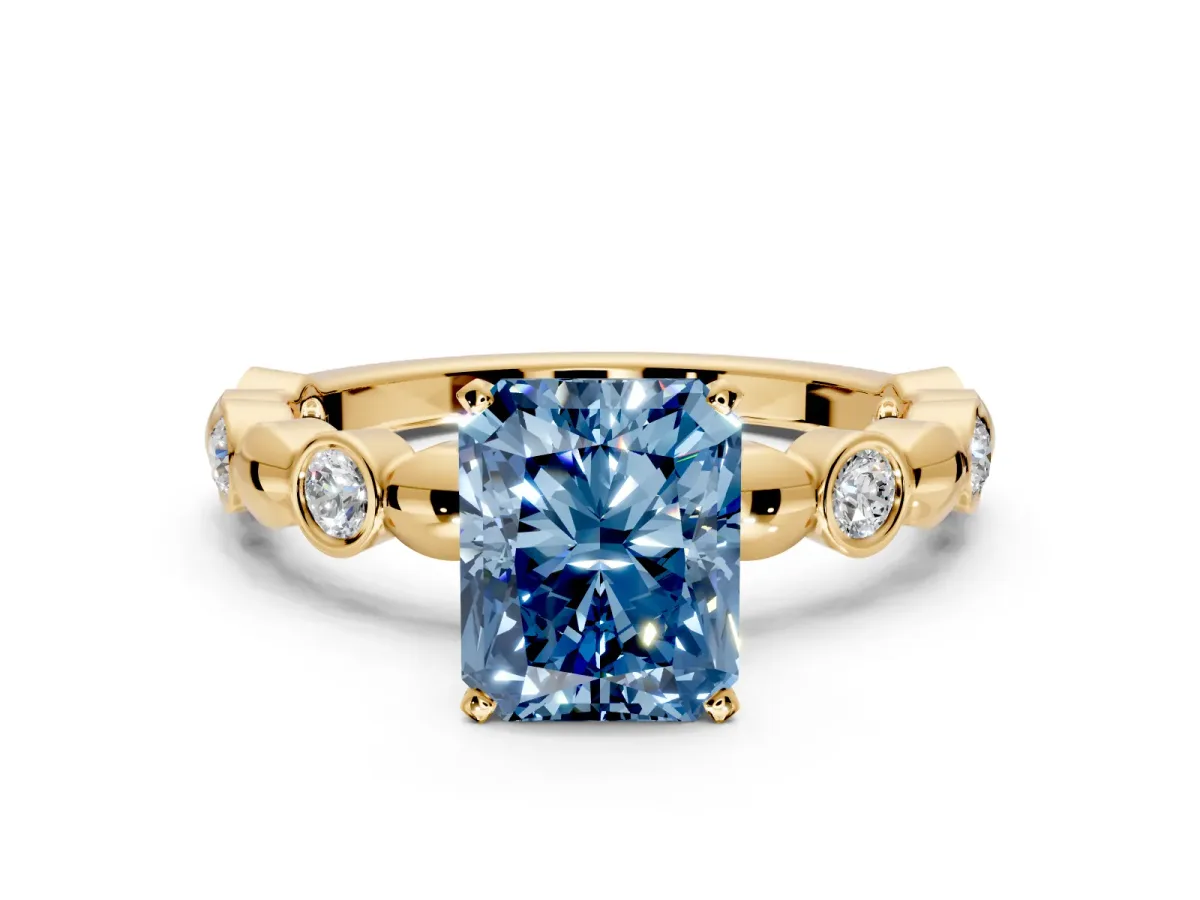 Solitaire Engagement Ring Setting for Fancy Blue Radiant Cut Center with Beaded Bezel Station Band and Prong Head in Yellow Gold