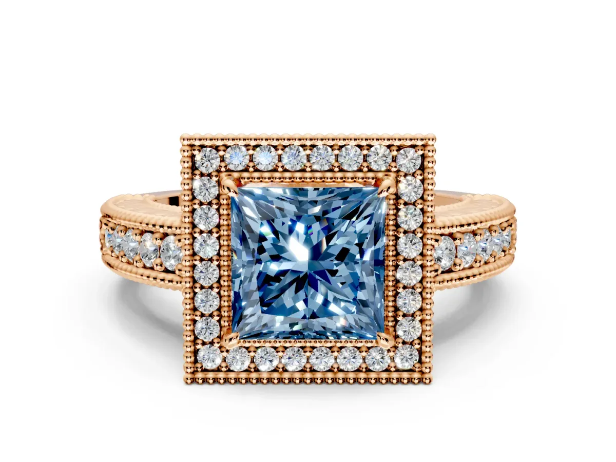 Milgrain Halo Engagement Ring Setting for Fancy Blue Princess Cut Center with Pave Band and Prong Head in Rose Gold