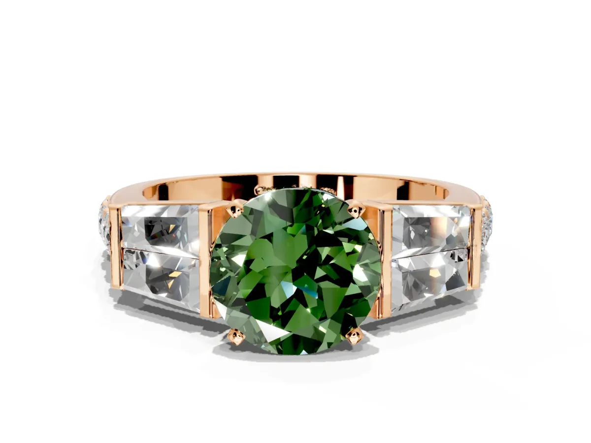 Channel-Set Engagement Ring Setting for Fancy Green Round Cut Center with Baguette Band and Prong Head in Rose Gold