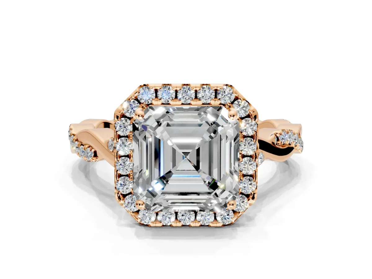 Halo Engagement Ring Setting for Asscher Cut Center with Twist Band and Prong Head in Rose Gold
